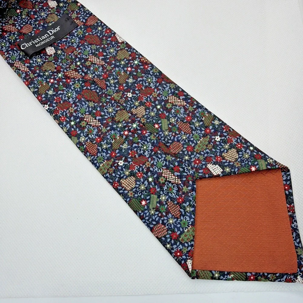 Christian Dior Monsieur Necktie Burgundy Blue Floral Geometric Polyester